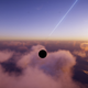 A screenshot from the game Exo One showing your alien ship soaring through the clouds above an alien world.